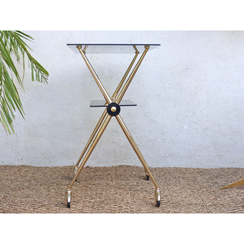 Mid century side table in golden metal and glass - 1960s