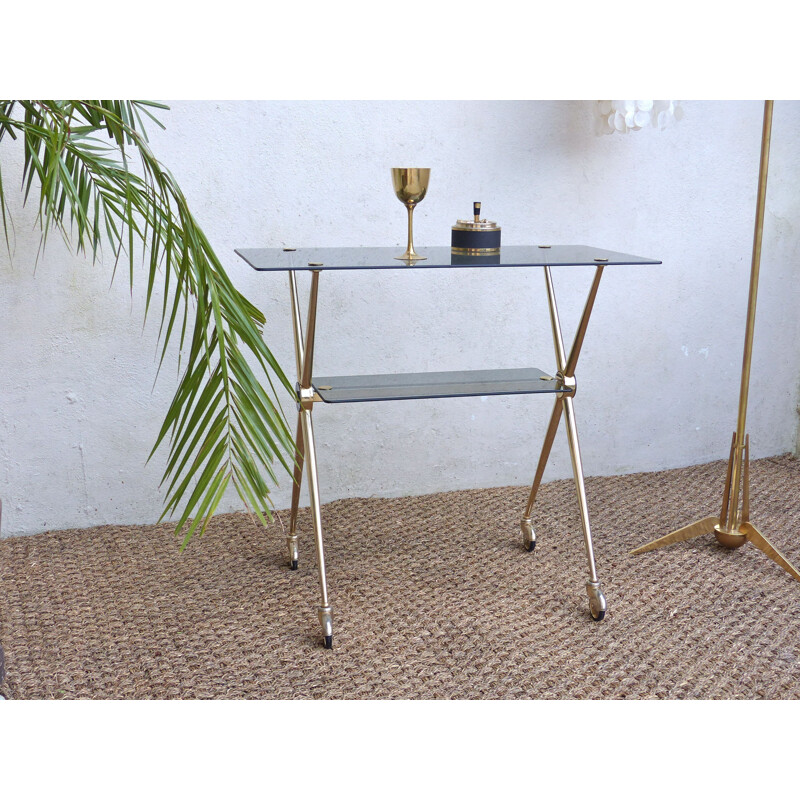 Mid century side table in golden metal and glass - 1960s
