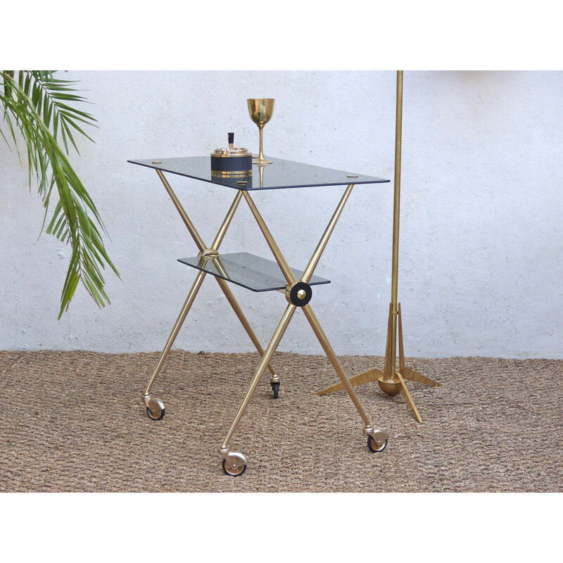 Mid century side table in golden metal and glass - 1960s