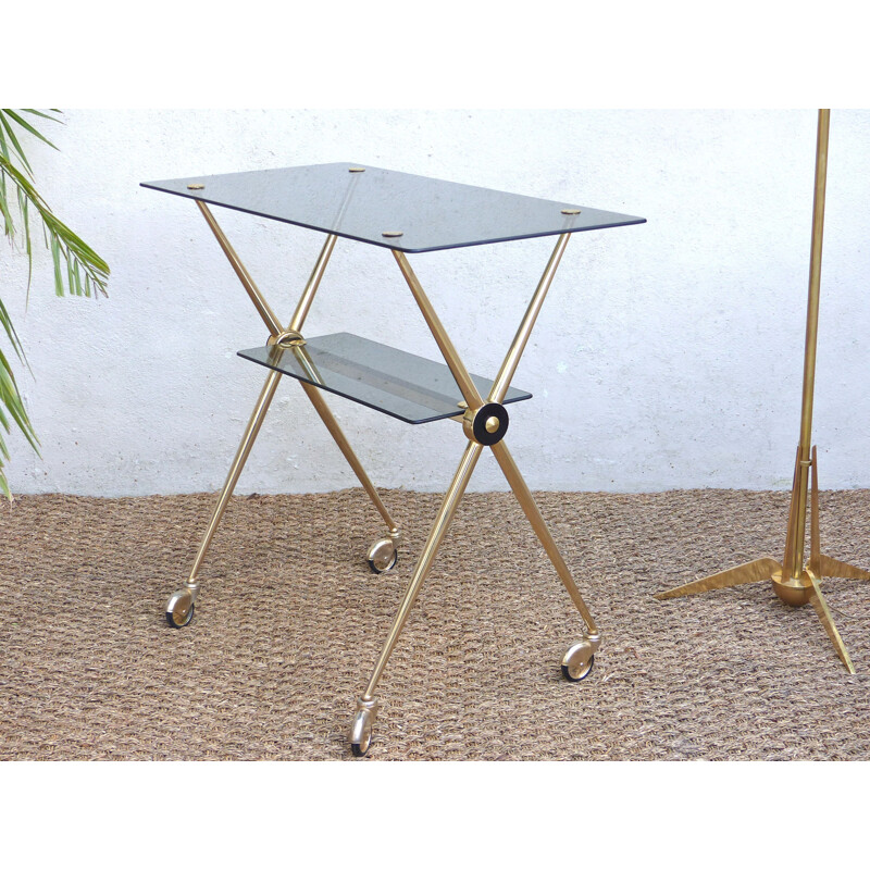 Mid century side table in golden metal and glass - 1960s