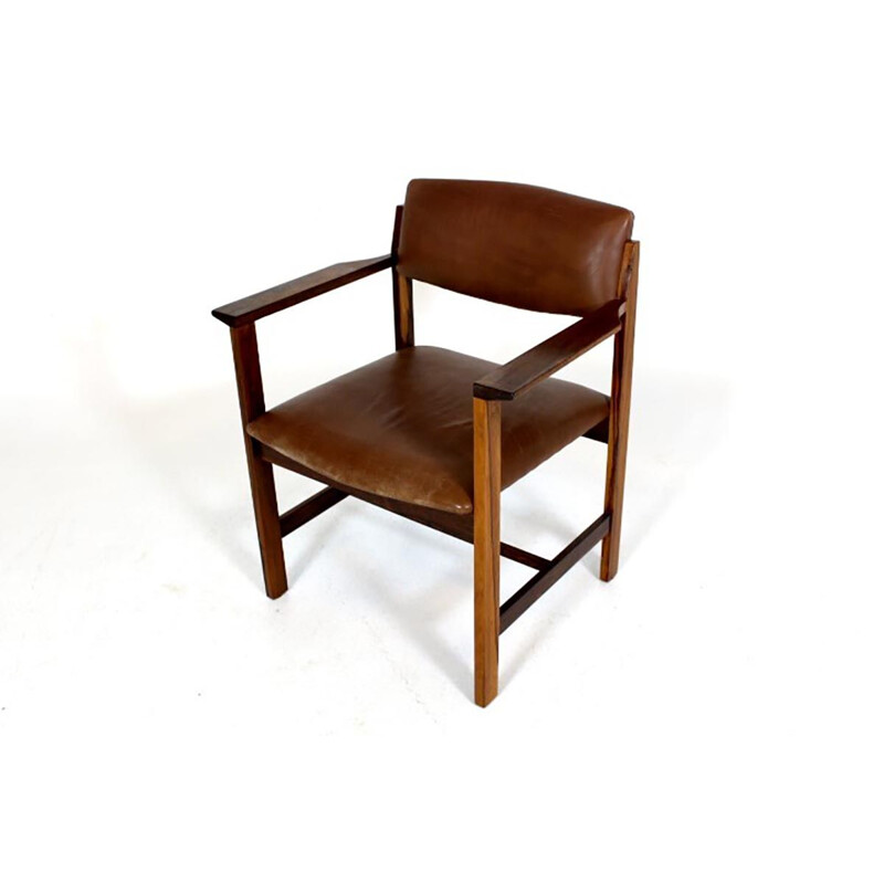 Silla de oficina vintage de cuero y palisandro, Suecia 1960