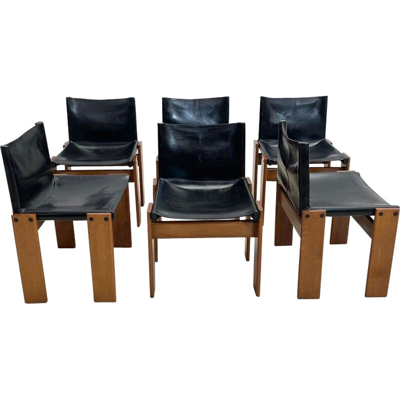 Set van 6 vintage "Monk" stoelen in zwart leer van Afra en Tobia Scarpa voor Molteni, Italië 1970