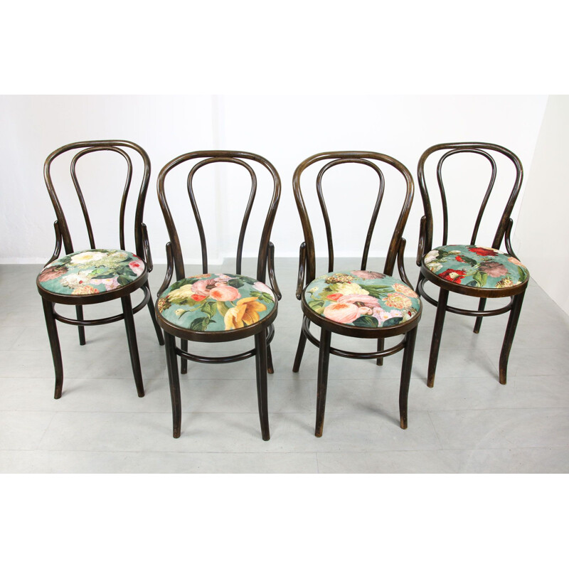 Set of 4 vintage velvet Thonet No. 18 dining chairs in dark brown