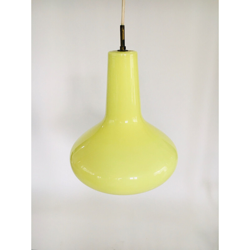 Vintage opaline yellow glass pendant lamp by Massimo Vignelli for Venini Murano, Italy 1950s
