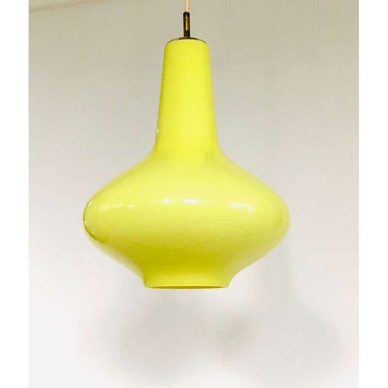 Vintage opaline yellow glass pendant lamp by Massimo Vignelli for Venini Murano, Italy 1950s