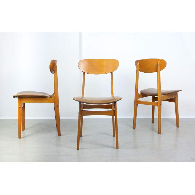 Set of 3 vintage Italian wood and leatherette dining chairs