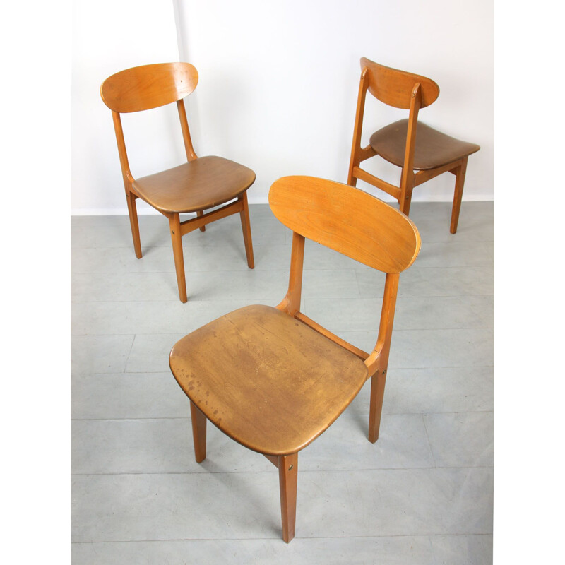 Set of 3 vintage Italian wood and leatherette dining chairs