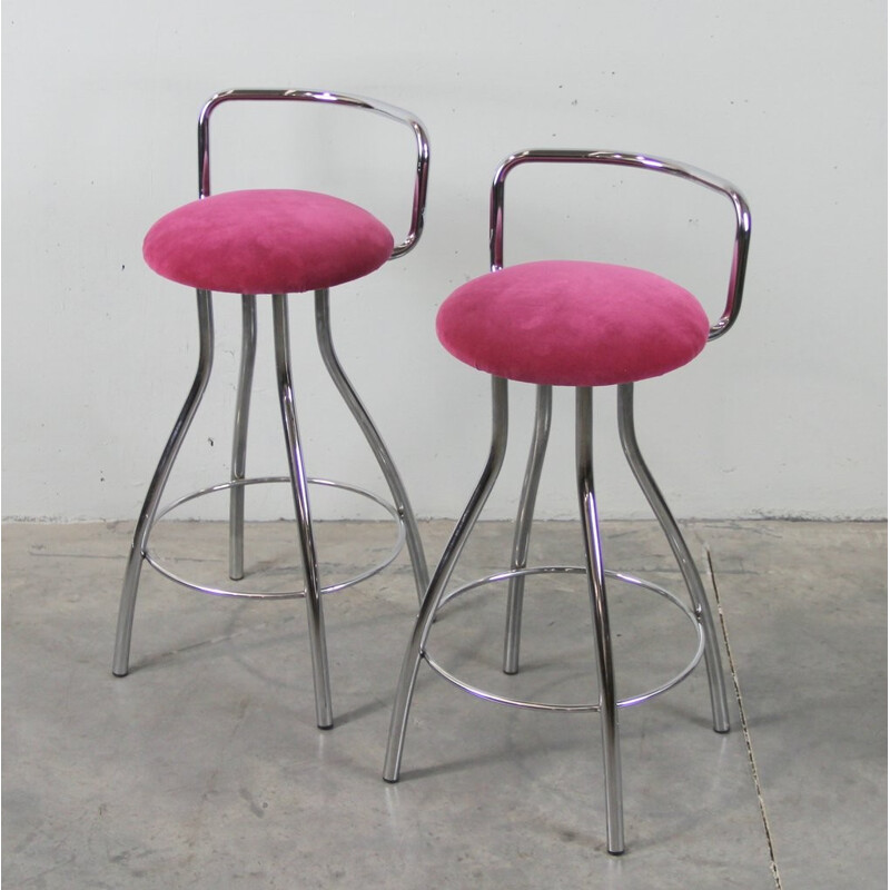 Pair of Italian high stools in chromed metal and velvet - 1970s