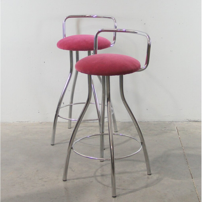 Pair of Italian high stools in chromed metal and velvet - 1970s