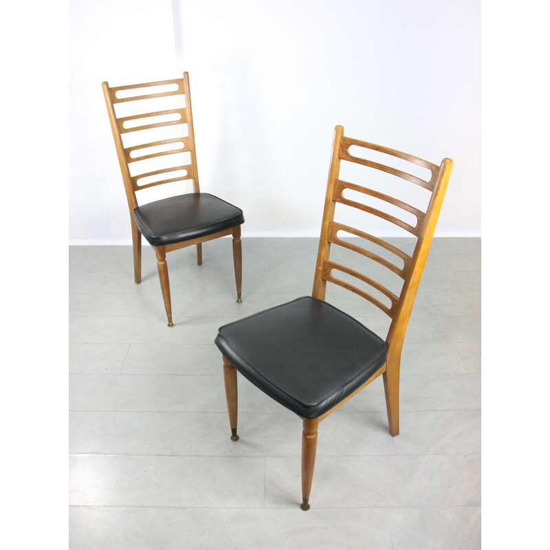 Pair of vintage vintage wooden & brass Scandinavian dining chairs