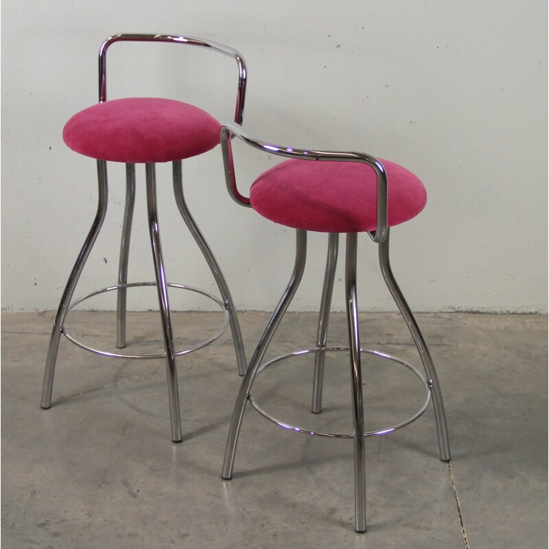 Pair of Italian high stools in chromed metal and velvet - 1970s