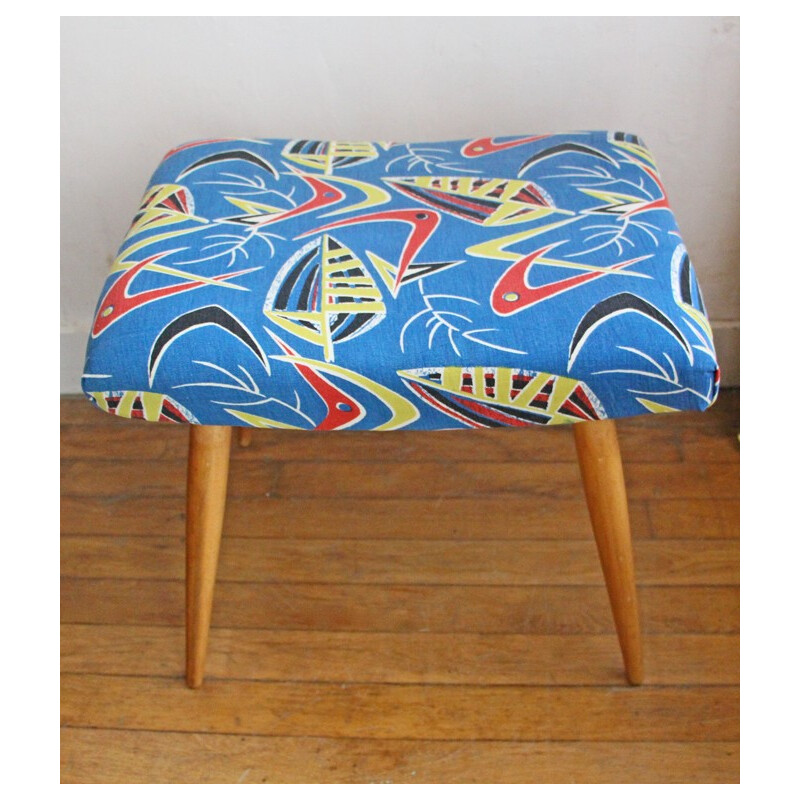Vintage ottoman in wood and fabric - 1950s
