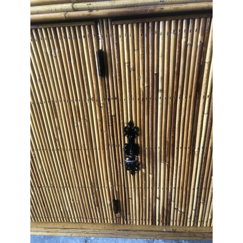 Enfilade en bambou fendu et fer forgé 1950 3 portes dans le goût  d’Audoux Minet 