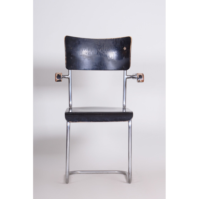 Black vintage chair with armrests by Petr Vichr for Vichr Co, Czechoslovakia 1930