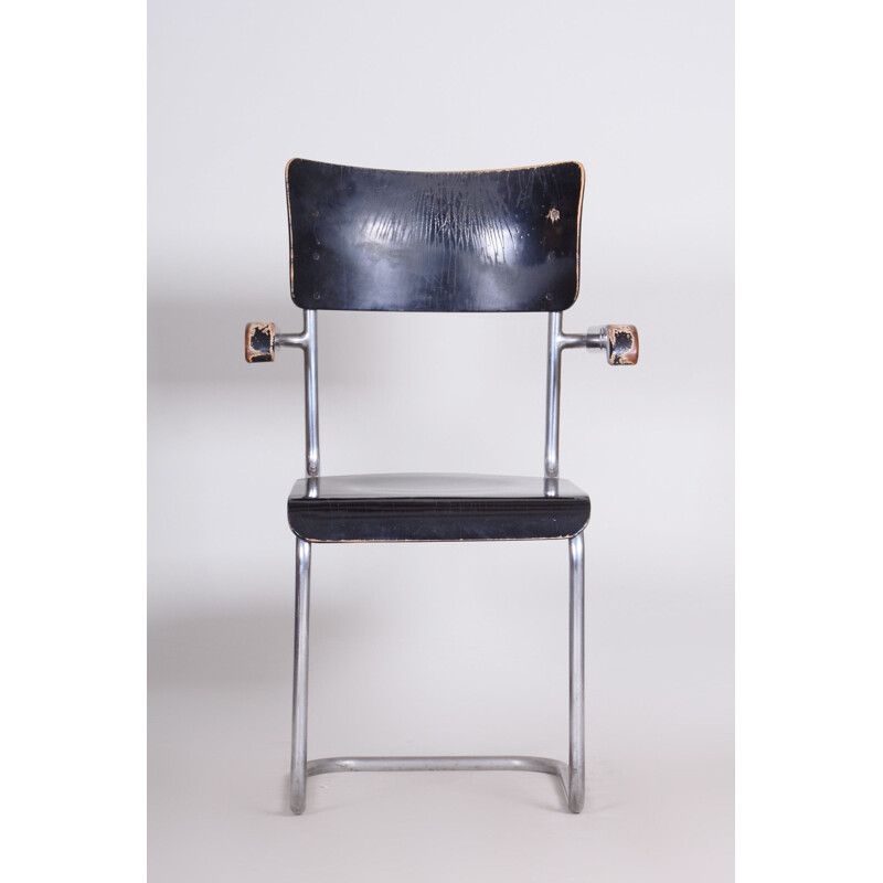 Vintage zwarte stoel met armleuningen van Petr Vichr voor Vichr Co, Tsjechoslowakije 1930