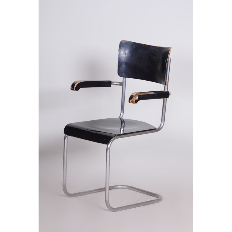 Black vintage chair with armrests by Petr Vichr for Vichr Co, Czechoslovakia 1930