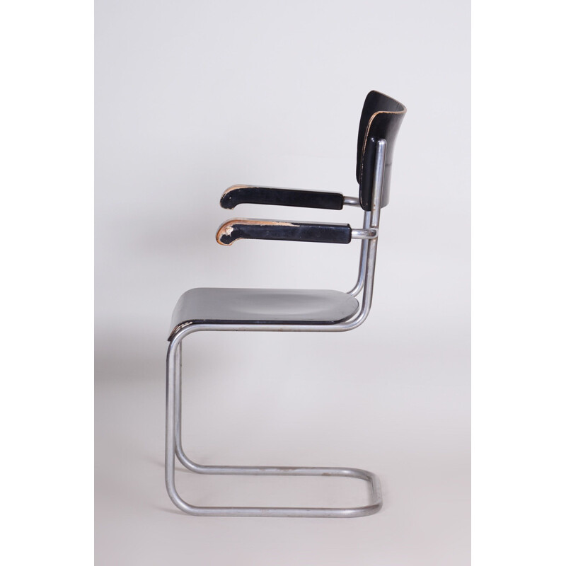 Black vintage chair with armrests by Petr Vichr for Vichr Co, Czechoslovakia 1930