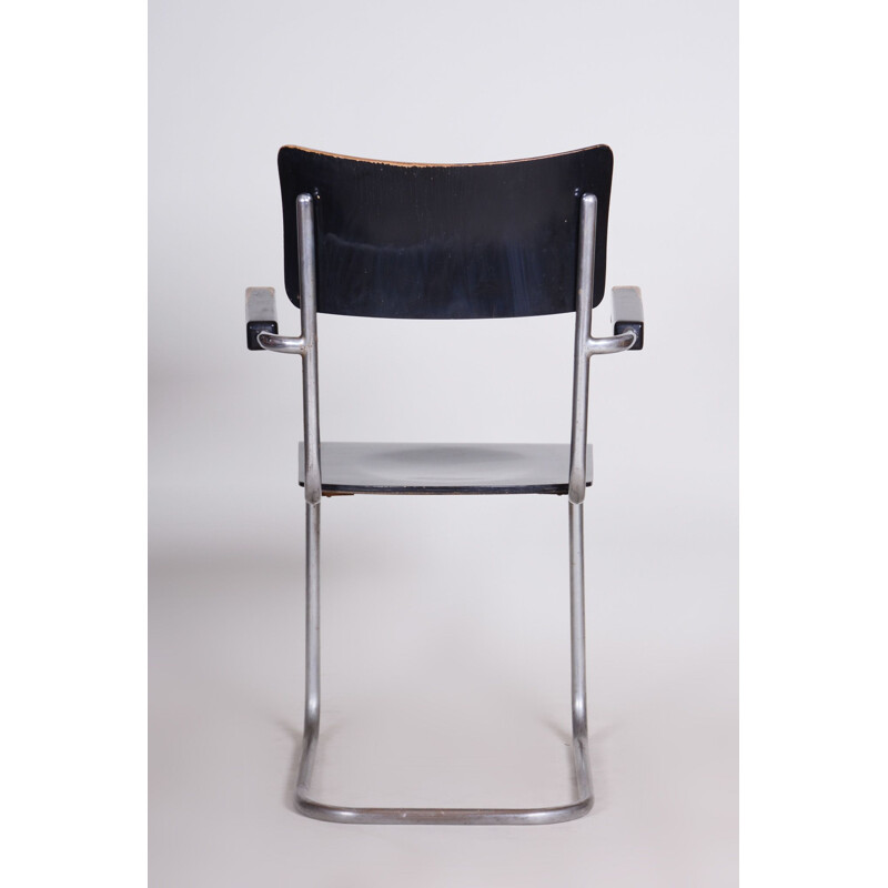 Black vintage chair with armrests by Petr Vichr for Vichr Co, Czechoslovakia 1930