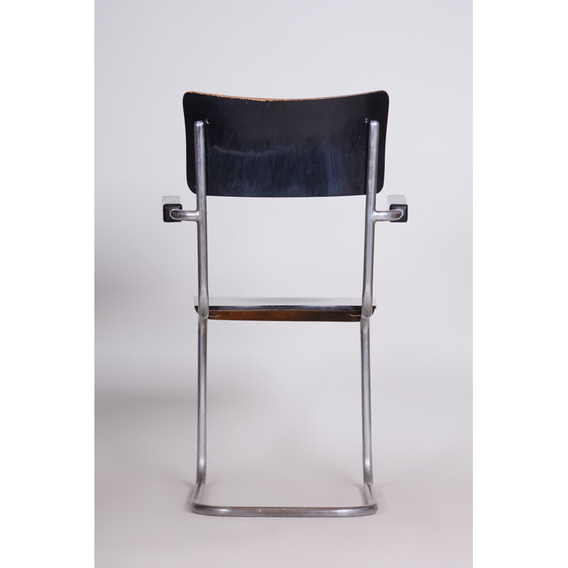 Black vintage chair with armrests by Petr Vichr for Vichr Co, Czechoslovakia 1930