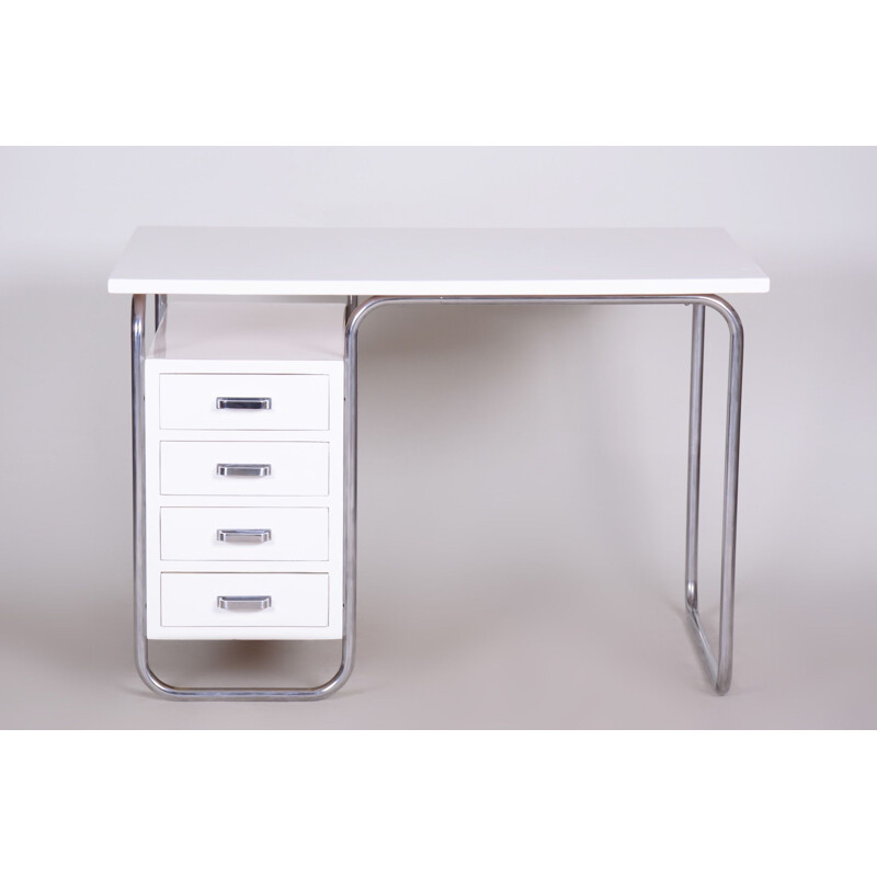 Bureau vintage Bauhaus blanc en métal chromé par Robert Slezak, Tchécoslovaquie