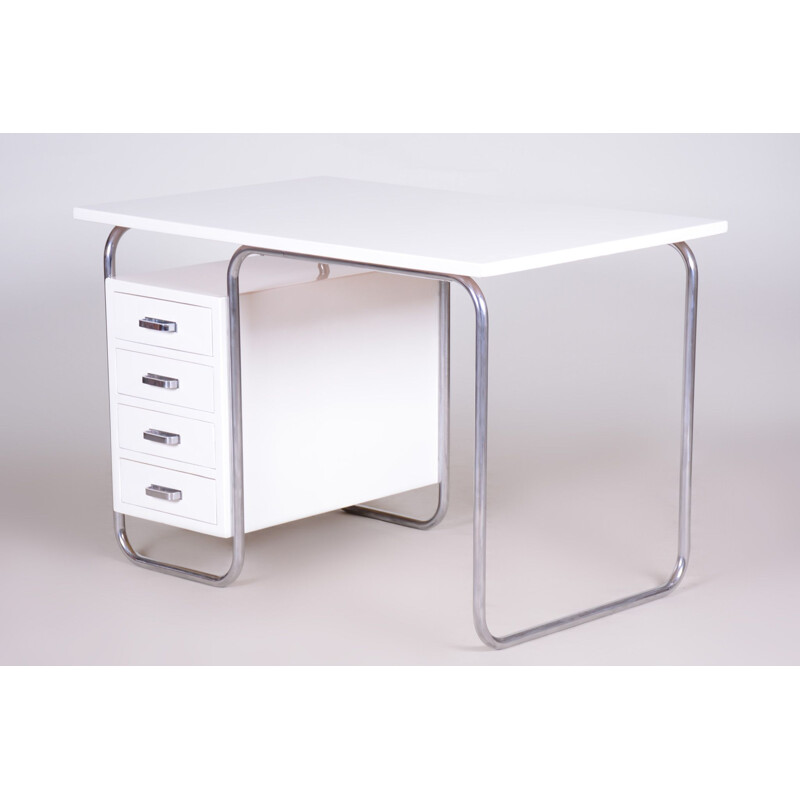 Vintage white Bauhaus desk in chromed metal by Robert Slezak, Czechoslovakia