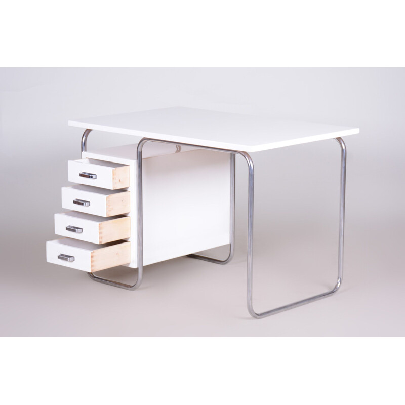 Vintage white Bauhaus desk in chromed metal by Robert Slezak, Czechoslovakia