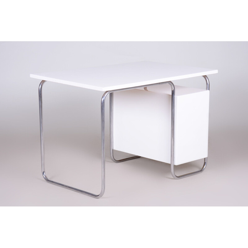 Bureau vintage Bauhaus blanc en métal chromé par Robert Slezak, Tchécoslovaquie