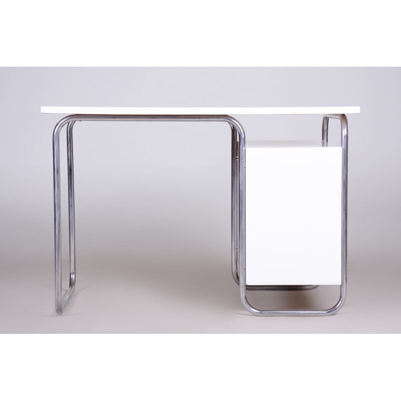 Vintage white Bauhaus desk in chromed metal by Robert Slezak, Czechoslovakia