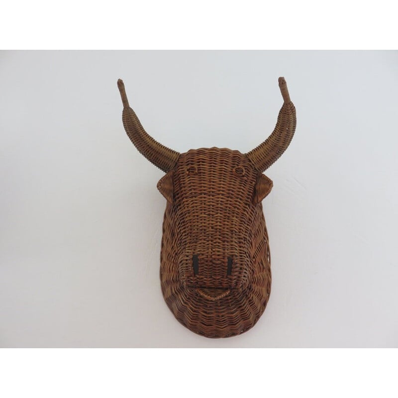 Vintage minotaur bull head in wicker, France 1960-1970