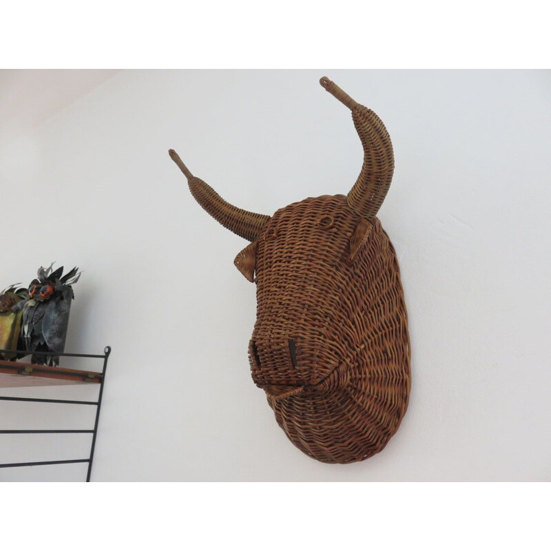 Vintage minotaur bull head in wicker, France 1960-1970