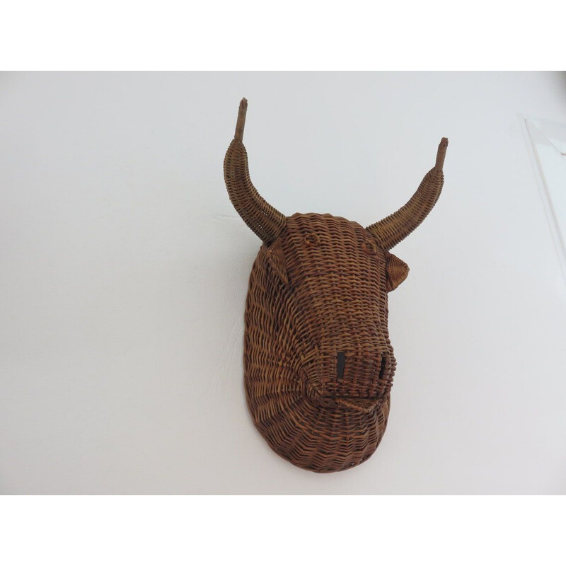 Vintage minotaur bull head in wicker, France 1960-1970