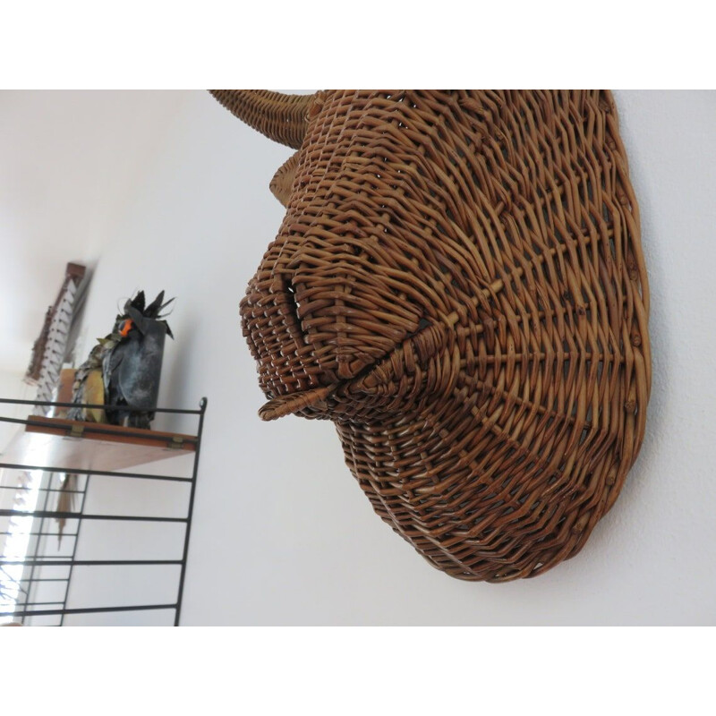 Vintage minotaur bull head in wicker, France 1960-1970