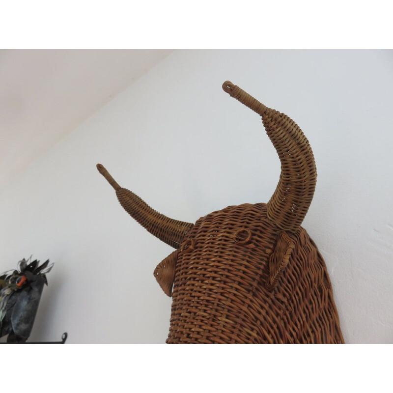 Vintage minotaur bull head in wicker, France 1960-1970