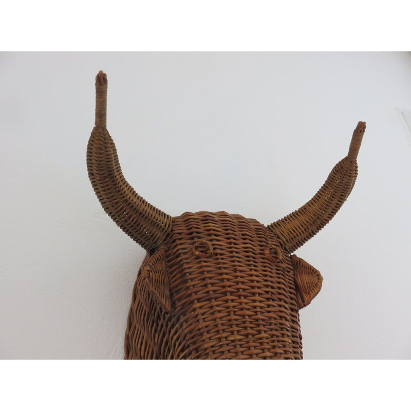 Vintage minotaur bull head in wicker, France 1960-1970