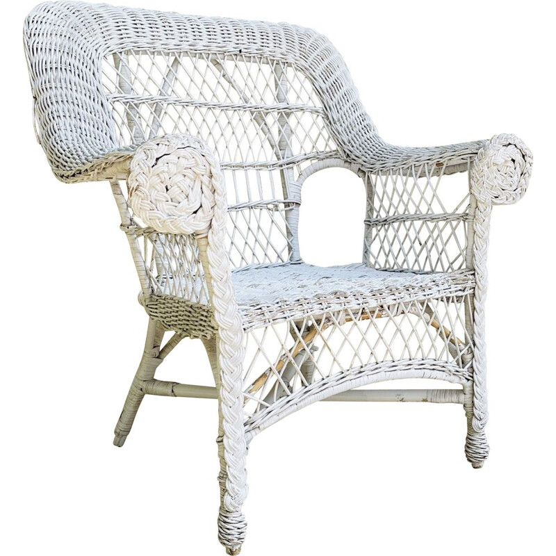Vintage white rattan armchair, 1970-1980