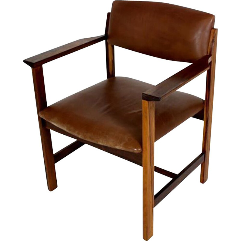 Vintage leather and rosewood office chair, Sweden 1960