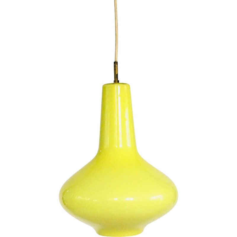 Suspension vintage en verre opalin jaune par Massimo Vignelli pour Venini Murano, Italie 1950