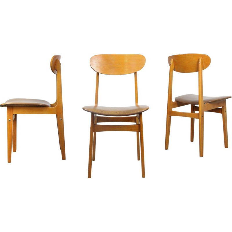 Set of 3 vintage Italian wood and leatherette dining chairs