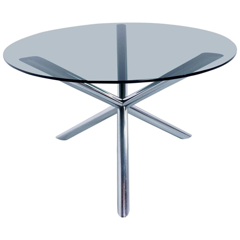 Table à repas Roche Bobois vintage en métal chromé et verre - 1970