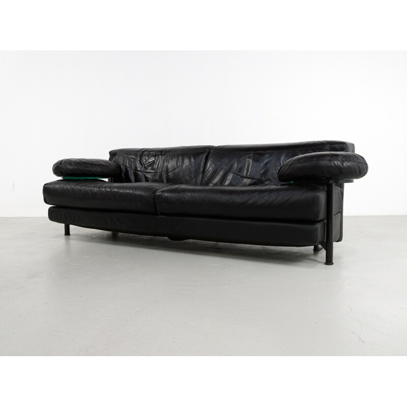 Large B&B Italia 3 seater sofa in black leather, Paolo PIVA - 1980s