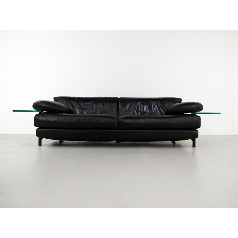 Large B&B Italia 3 seater sofa in black leather, Paolo PIVA - 1980s