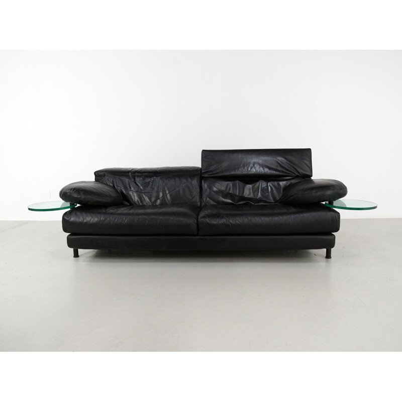 Large B&B Italia 3 seater sofa in black leather, Paolo PIVA - 1980s