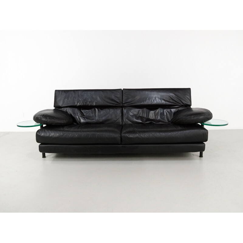 Large B&B Italia 3 seater sofa in black leather, Paolo PIVA - 1980s