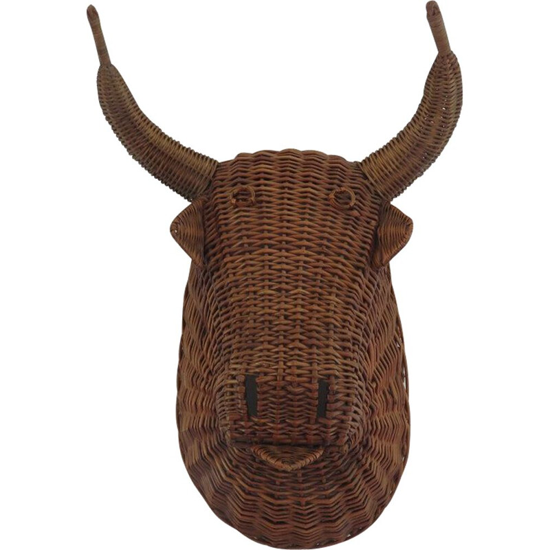Tête de taureau minotaure vintage en rotin osier, France 1960-1970