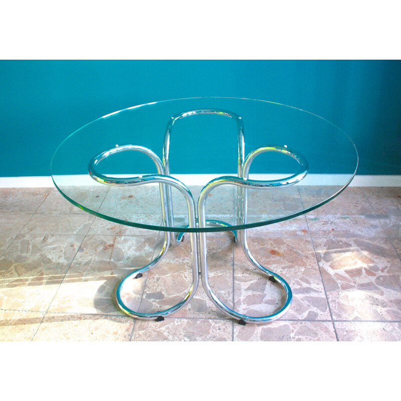 Table ronde en verre et piétement en métal - 1970