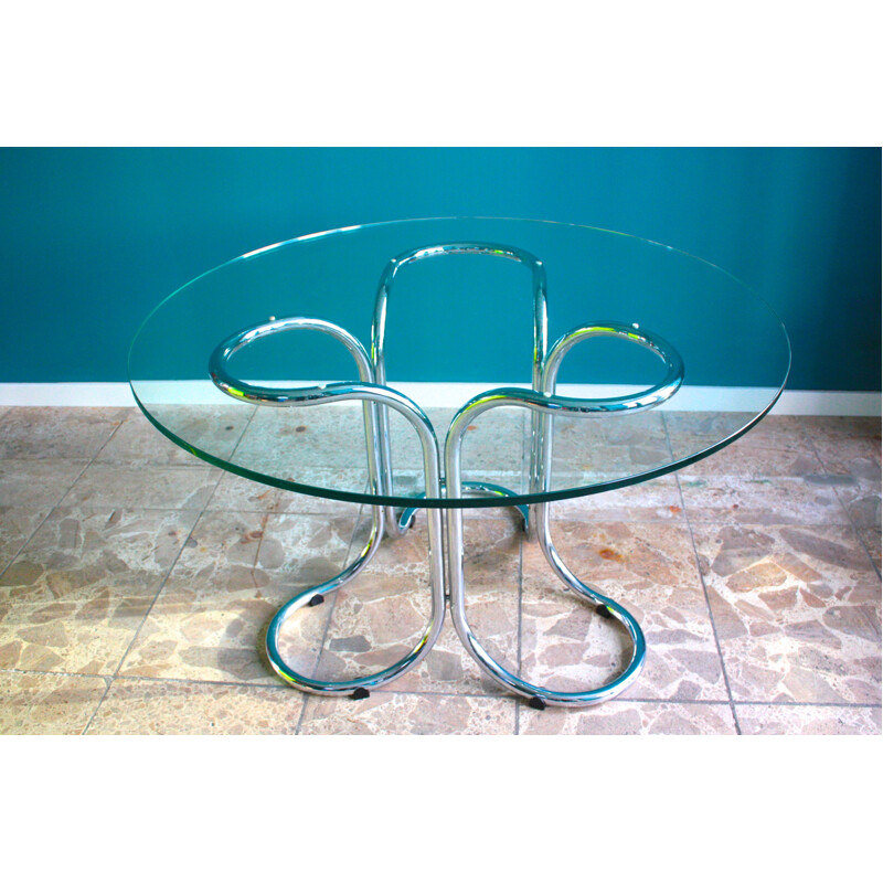Table ronde en verre et piétement en métal - 1970