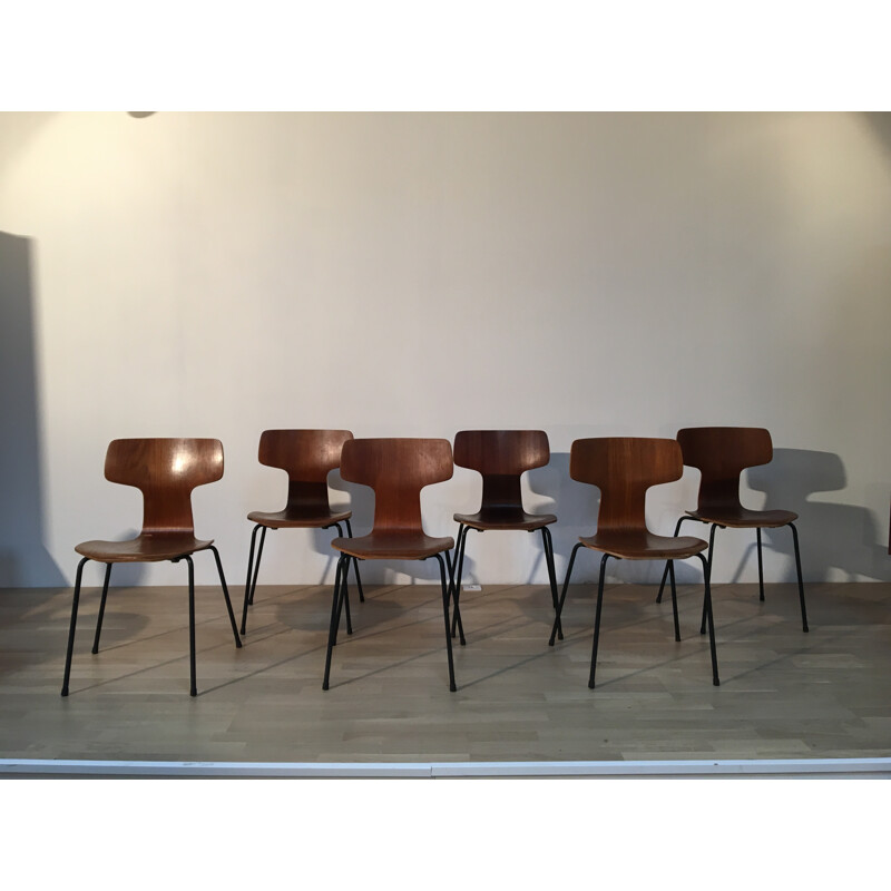 Set of 6 Fritz Hansen "Marteau" chairs in teak, Arne JACOBSEN - 1960s