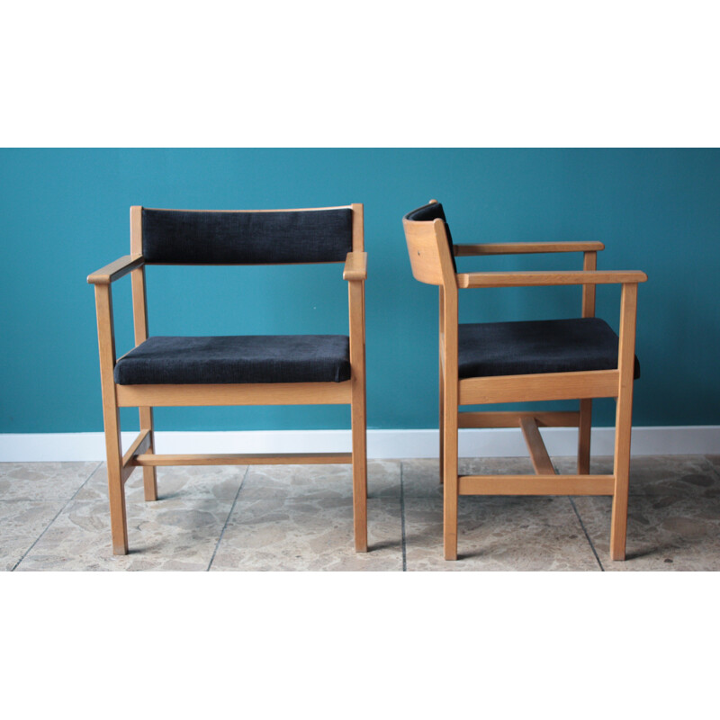 Set of 4 scandinavian armchairs in oakwood and blue fabric, Børge MOGENSEN - 1960s