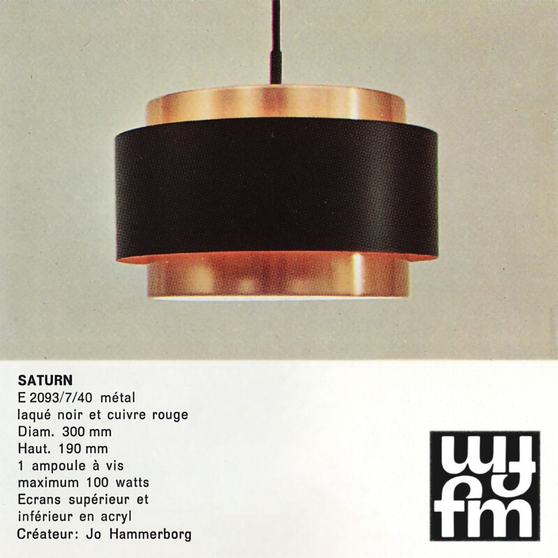 Lámpara colgante Vintage Saturn de J. Hammerborg para Fog and Mørup, Dinamarca 1960