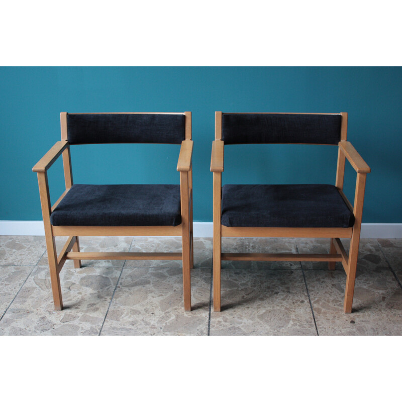 Set of 4 scandinavian armchairs in oakwood and blue fabric, Børge MOGENSEN - 1960s